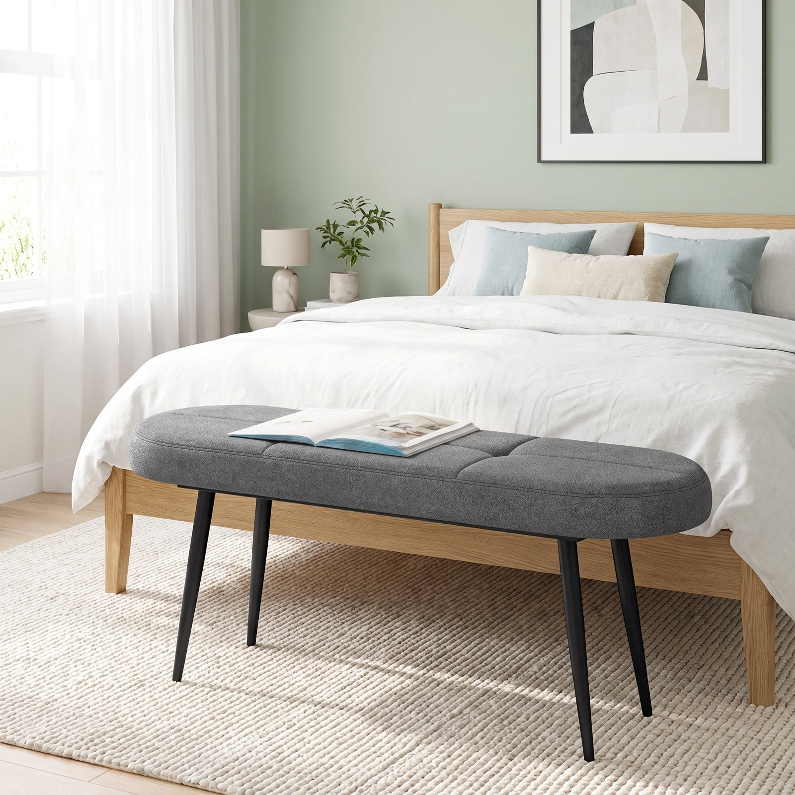 Furnibear 47 Inch Upholstered Entryway Bench with Button Tufted Cushioned Seat and Heavy Duty Metal Frame for Bedroom Foyer Dining Room, Gray