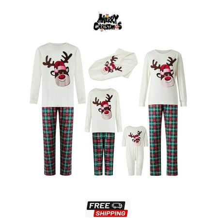 Gueuusu Matching Christmas Pajamas for Family Adult Kids Christmas Elk Print Long Sleeve Tops and Stretch Casual Plaid Pants Sleepwear