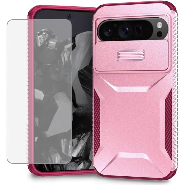 KOMI Case for Pixel 8A Case, Google 8A Case with Tempered Glass Screen Protector and Slide Camera Cover, Non-Slip Heavy Duty Shockproof Phone Cover for Google Pixel 8A Pink Wine