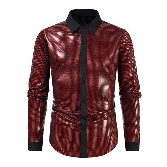 LNWUY Men's 70s Trendy Fashion Disco Shirt Long Sleeve Turn Down Collar Shirts Party Nightclub Prom Sequins Tops Red L