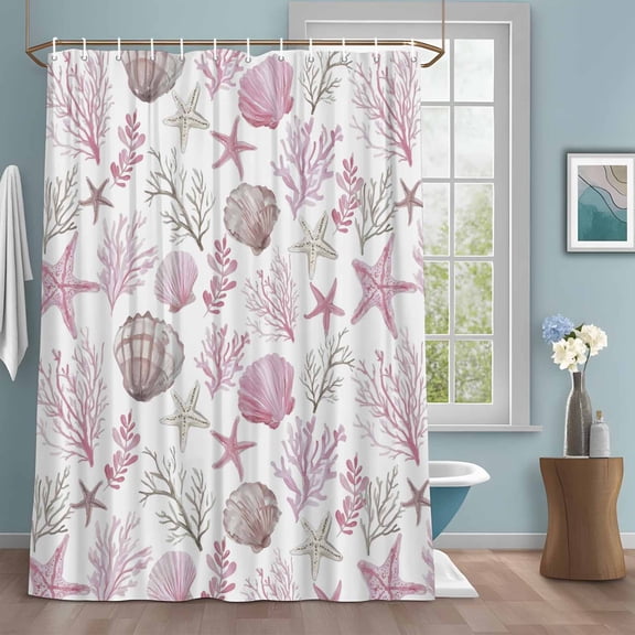 Pink Coastal Shower Curtains for Bathroom, Summer Starfish Shell Coral Nautical Washable Fabric Shower Curtain with Hooks Waterproof Bathroom Decor Sets, 54 x 78 Inches
