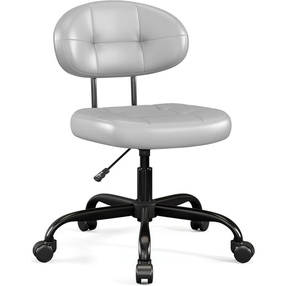 Vanity Chair with Back, Small Armless Cute Office Chair with Wheels and Lumbar Support, Comfy PU Leather Desk Computer Chairs with Adjustable Height, 360°Swivel for Home Bedroom Office, Gray