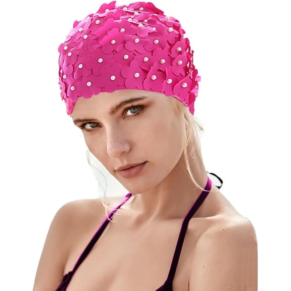 Summer Women Retro Swim Cap, Floral Petal Bathing Cap Long Short Hair Elastic Swimming Turban with Flowers & Pearl Free size