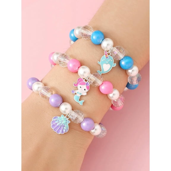 EOEMY 3Pcs Toddler Girls Shell Charm Beaded Bracelet Stackable Bracelet Crafted-Default
