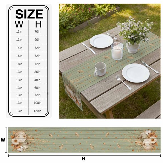 Pumpkins Fall Table Runner Vintage Floral Thanksgiving Green Wooden Tablerunners 13 x 72 Inch, Table Decorations Tabletop Scarf for Summer Gathering Holiday Farmhouse Kitchen Dining Decor