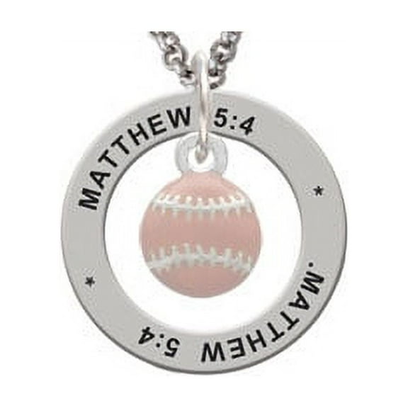 Silvertone Mini Pink Softball or Baseball Matthew 5:4 Affirmation Ring Necklace
