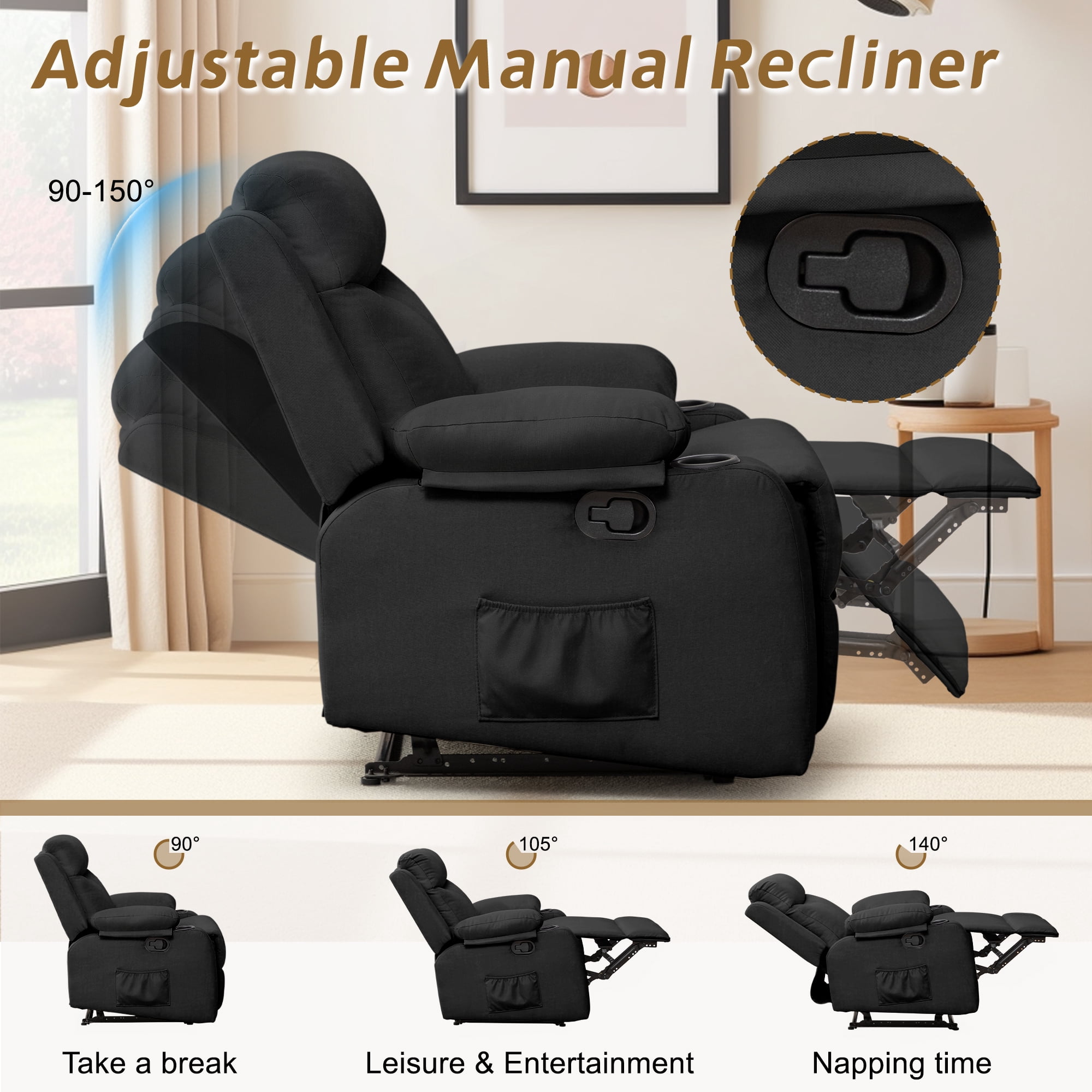 Korser Manual Small Recliner Chair with Fixed Base for Small Spaces Linen Fabric for Living Room,Black