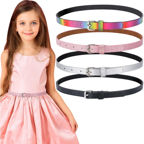 4Pcs Thin Belt for Girls, Adjustable Fashion Kids Glitter Cute Shiny PU Leather Waist Belt for Girls and Boys
