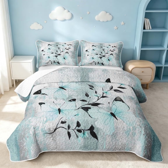 Erosebridal Chic Butterfly Twin Quilt Set, Ombre Gradient Twin Coverlet Set, Gray Reversible, Aqua Blue White, 2pcs (1 Bedspread and 1 Pillowcase)
