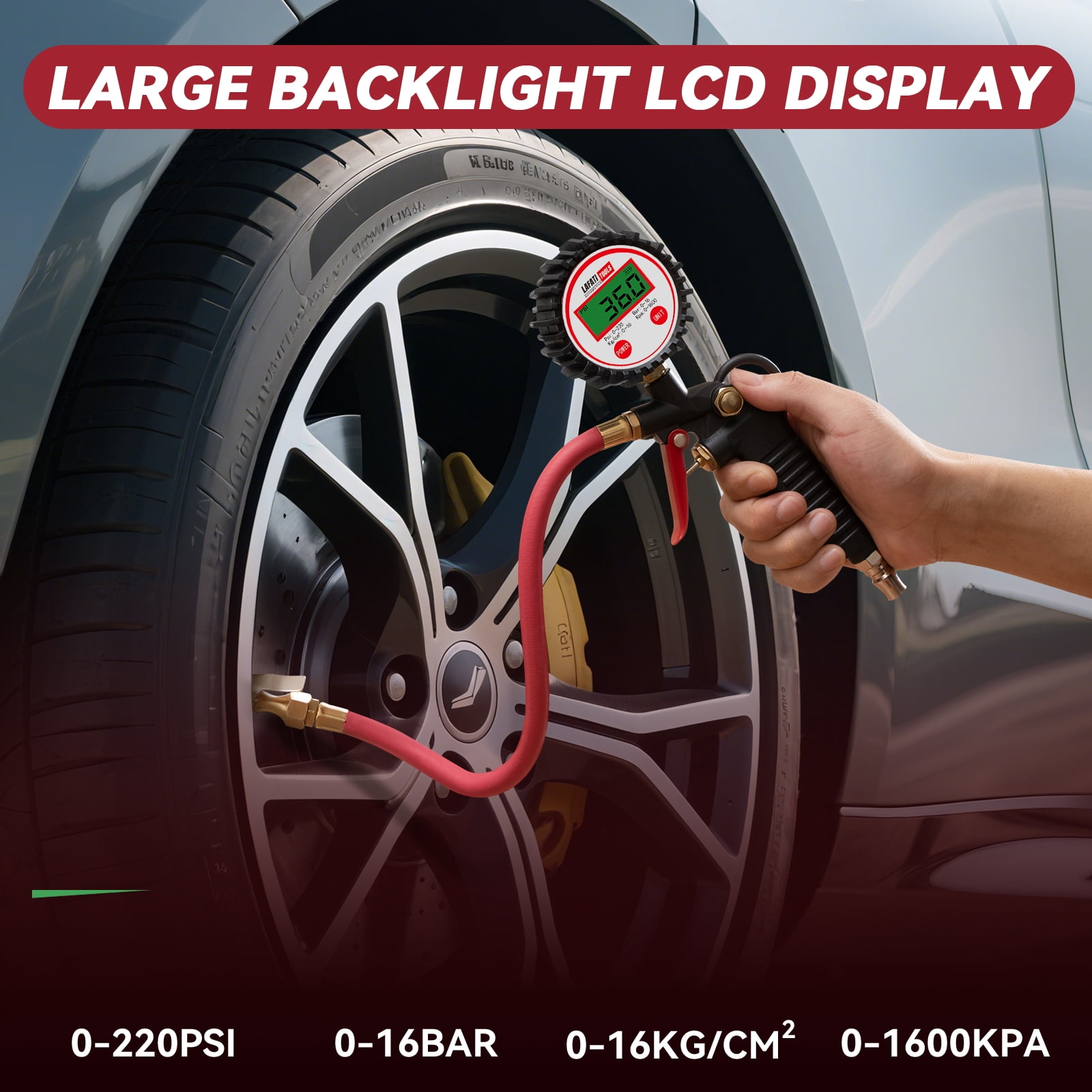 Digital Tire Inflator with Pressure Gauge, 0-220 PSI Tire Gauge with Air Compressor Accessories,0.1 PSI Resolution,Air Pressure Gauge for Cars, RV ,Motorcycle,Bicycle.
