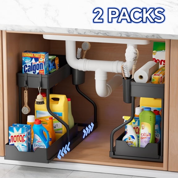 HioHa 2-Tier Under Sink Organizer, 2 Pack L-Shaped Pull Out Cabinet Organizer, Narrow Sliding Storage Shelf for Kitchen and Bathroom, Black