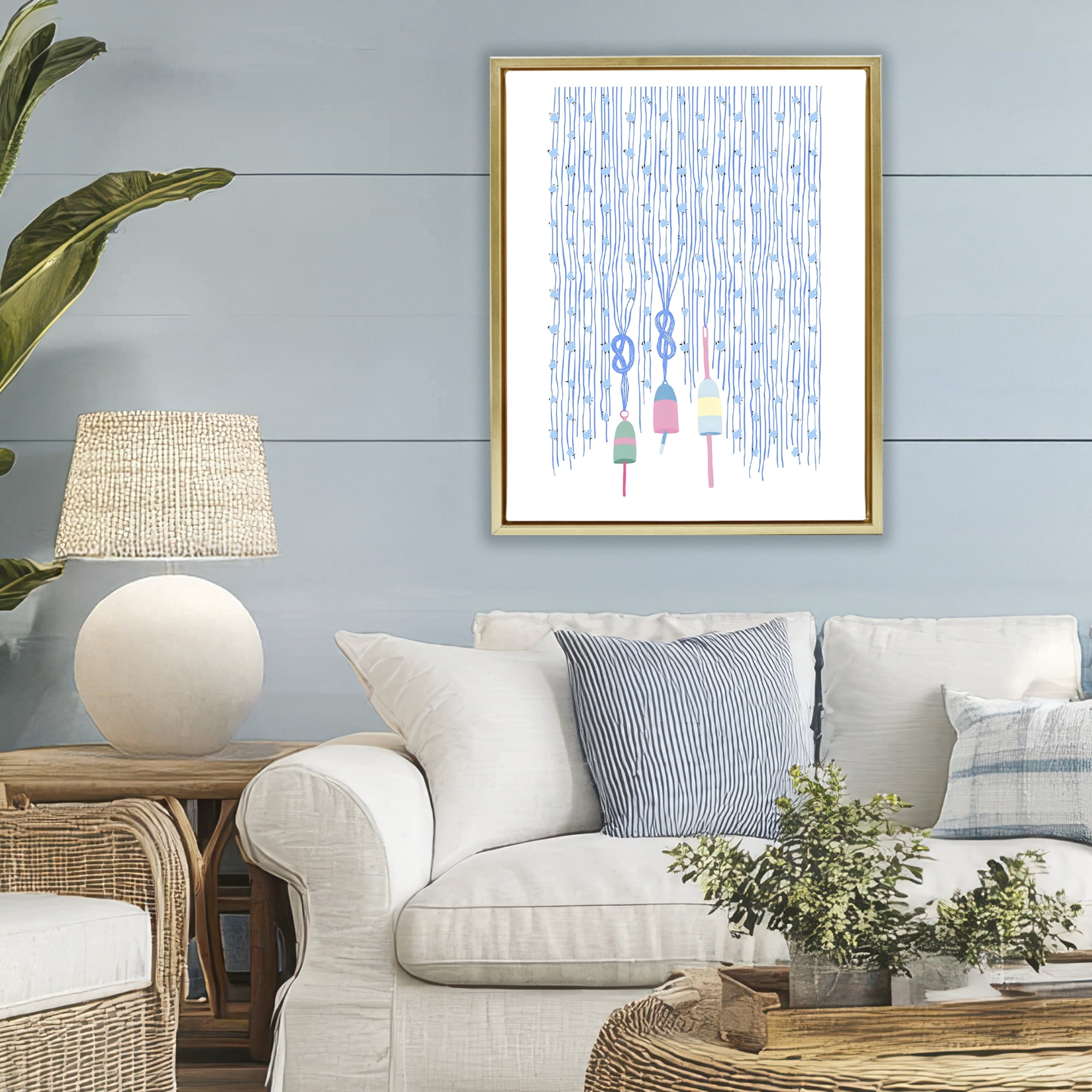 Stupell Industries Hanging Buoys on Ropes Gold Framed Floater Canvas Wall Art, design by Melissa Tilley