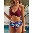 thumbnail image 4 of Bikini ZAFUL Twist de cintura alta para mujer Wine Floral M, 4 of 5