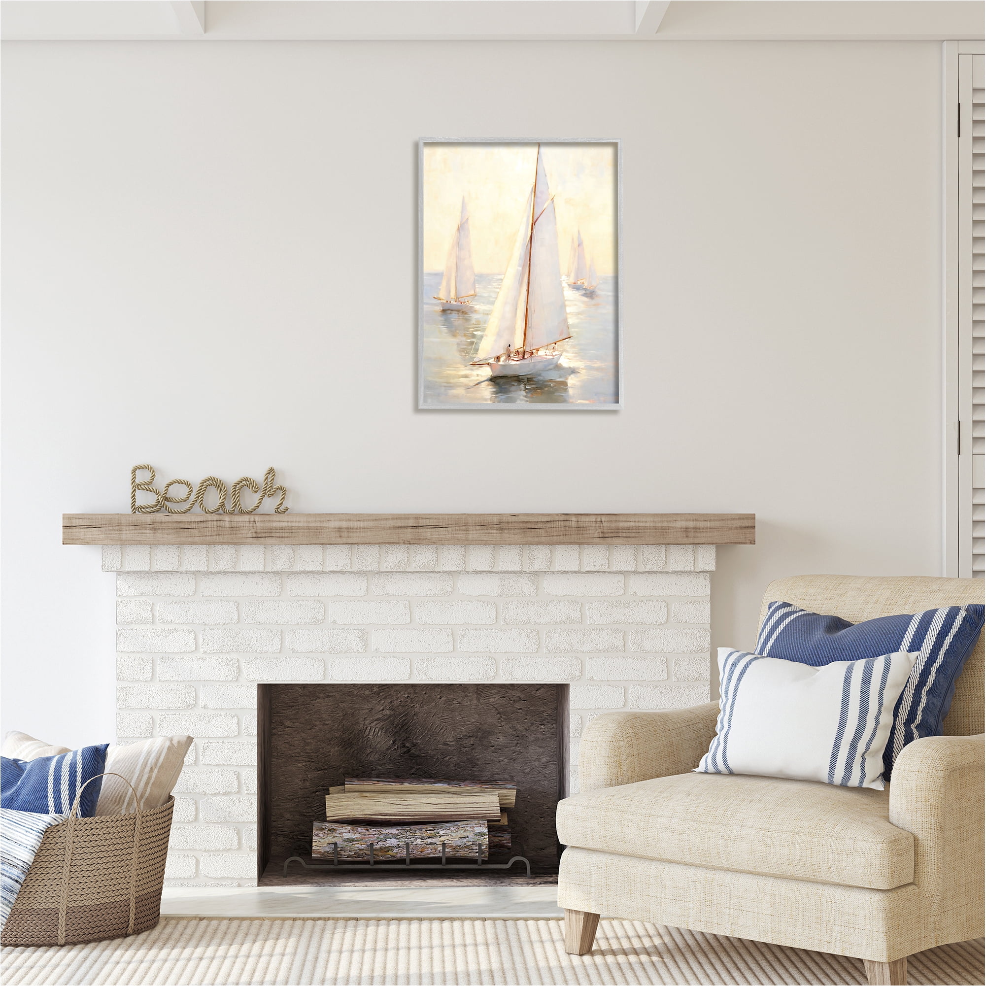 Stupell Industries Sunlit Sailboats Painting Transportation Painting Gray Framed Art Print Wall Art, 24 x 30