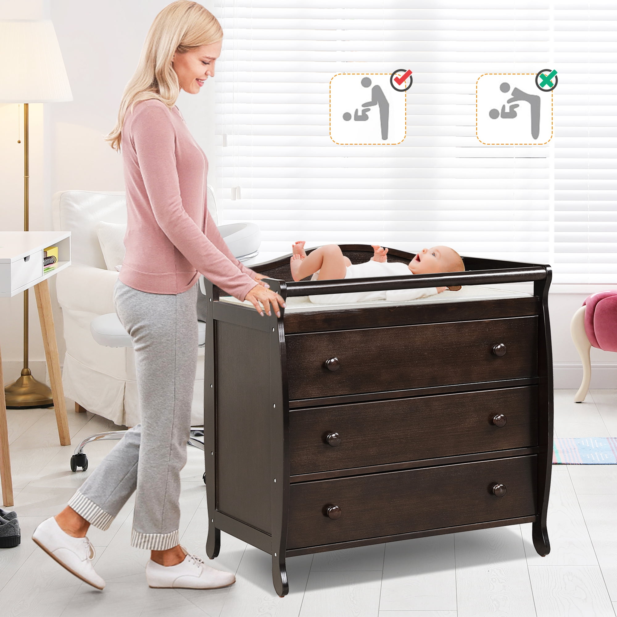 Costway 3 Drawer Baby Changing Table Infant Diaper Changing Station Wood with Safety Belt Brown