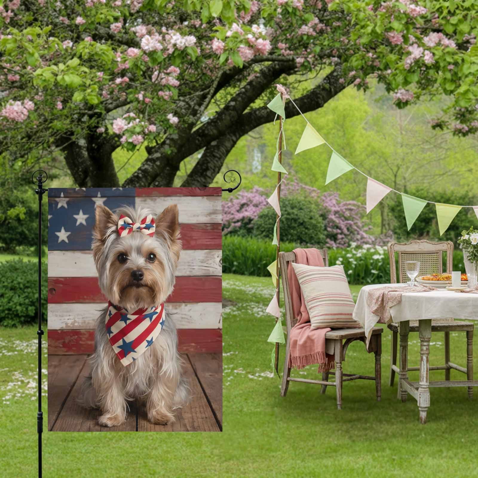 Patriotic Yorkshire Terrier House Flag 28 x 40 Inches, Independence Day American Flag Weather Proof Outdoor Patio Flags Double Sided Small House Decoration for Yard Lawn Outside Home