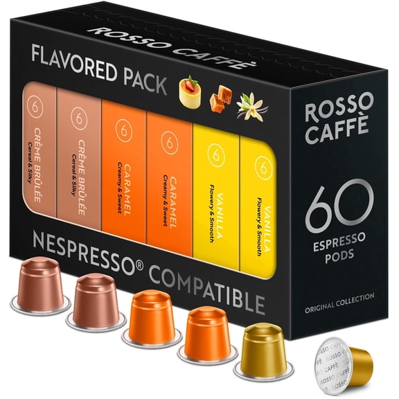 ROSSO CAFFÈ Nespresso Compatible Capsules - Sweet Flavors Pack (60 Pods) - Fit to All Nespresso Original Line Machine - By Rosso Caffe - 60 Days Satisfaction Guarantee