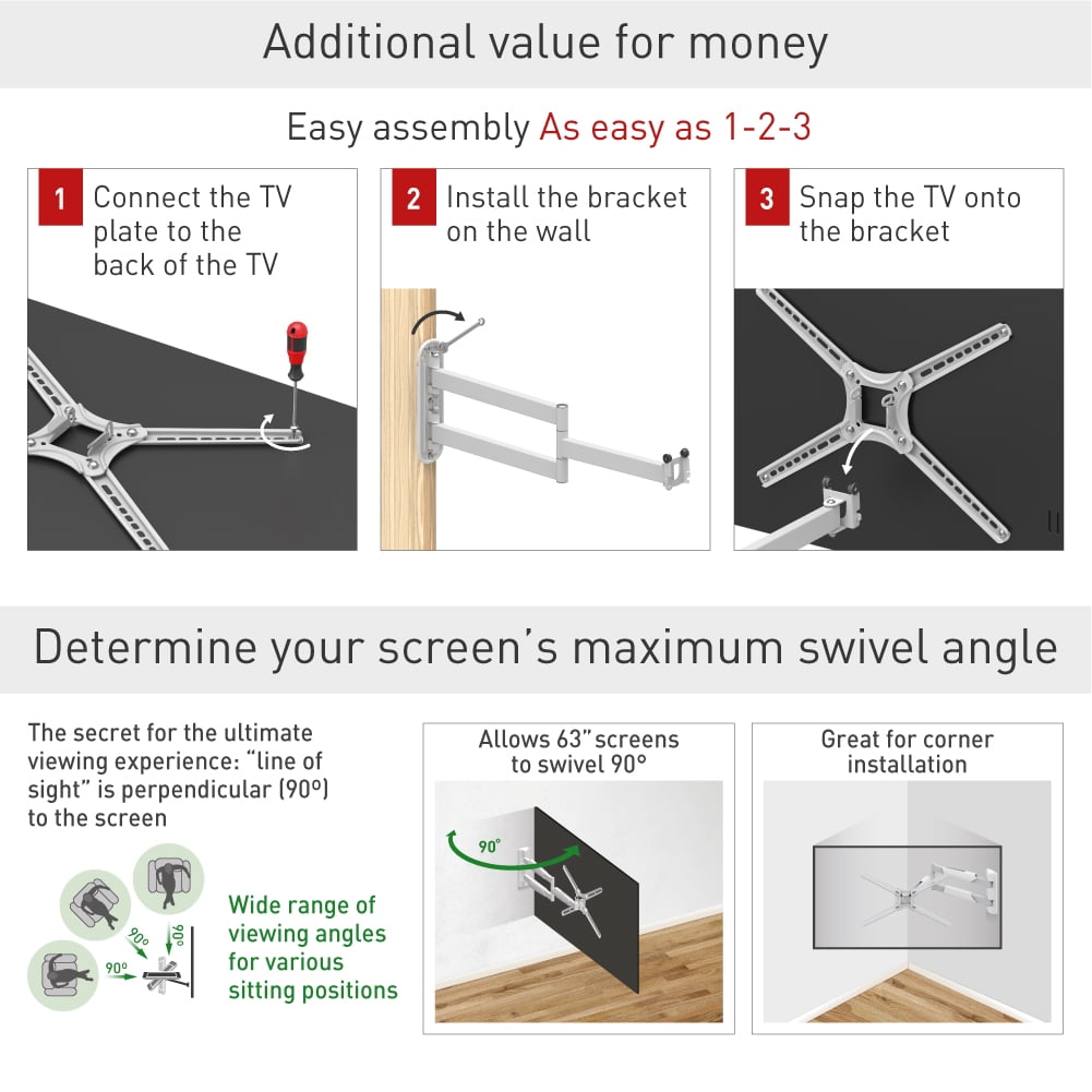 Barkan Long White TV Wall Mount, 13 - 65 inch Full Motion Patented Premium Flat / Curved Screen Bracket, Holds up to 80lbs, Extremely Extendable, Fits LED OLED LCD