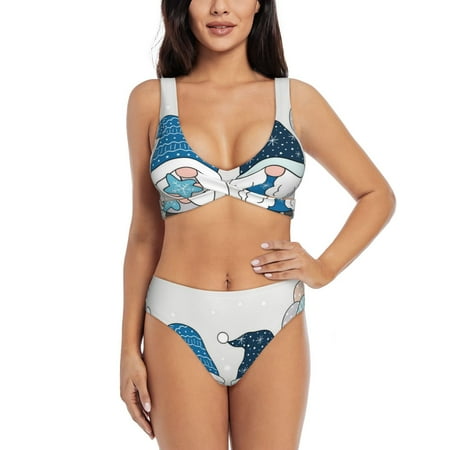 Zeuib Snow Gnome for Winter High Waisted Tummy Control Bikini Set - Knot Front Push Up Top & Cheeky Thong Bottom  Two-Piece Swimsuit for Women-Large