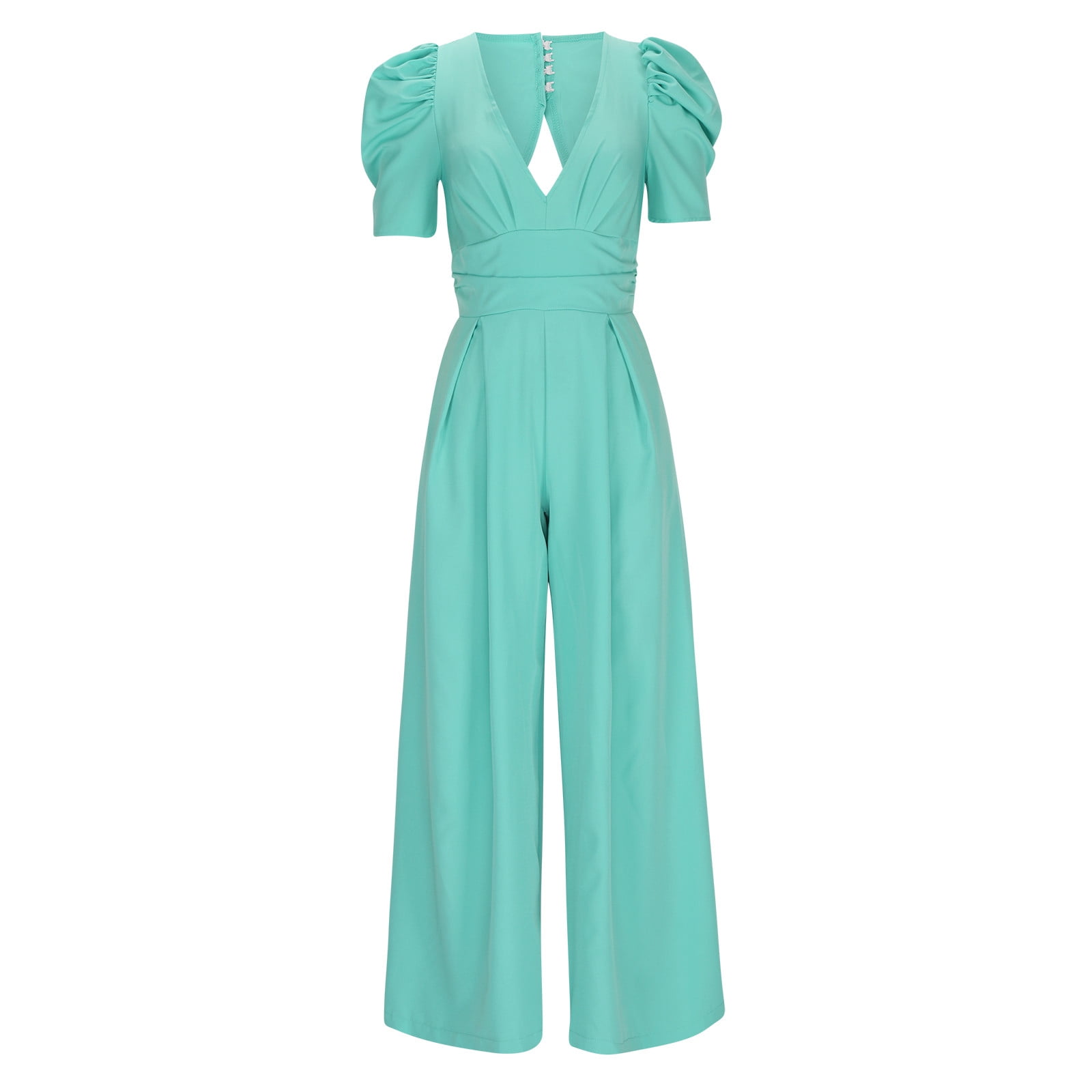 Puff Sleeve Jumpsuits for Women Dressy Sexy Deep V Neck Wide Leg Romper One Piece Formal Business Party Long Pants