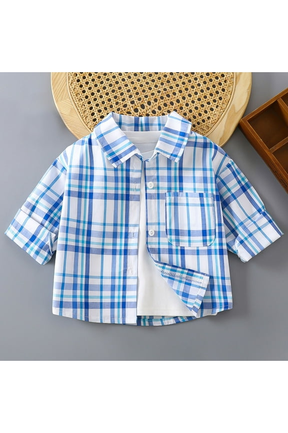 Collared Shirts for Boys Kids Casual Short Sleeve Western Pearl Snap Button Plaid Shirt Light Blue, 1-11 Years