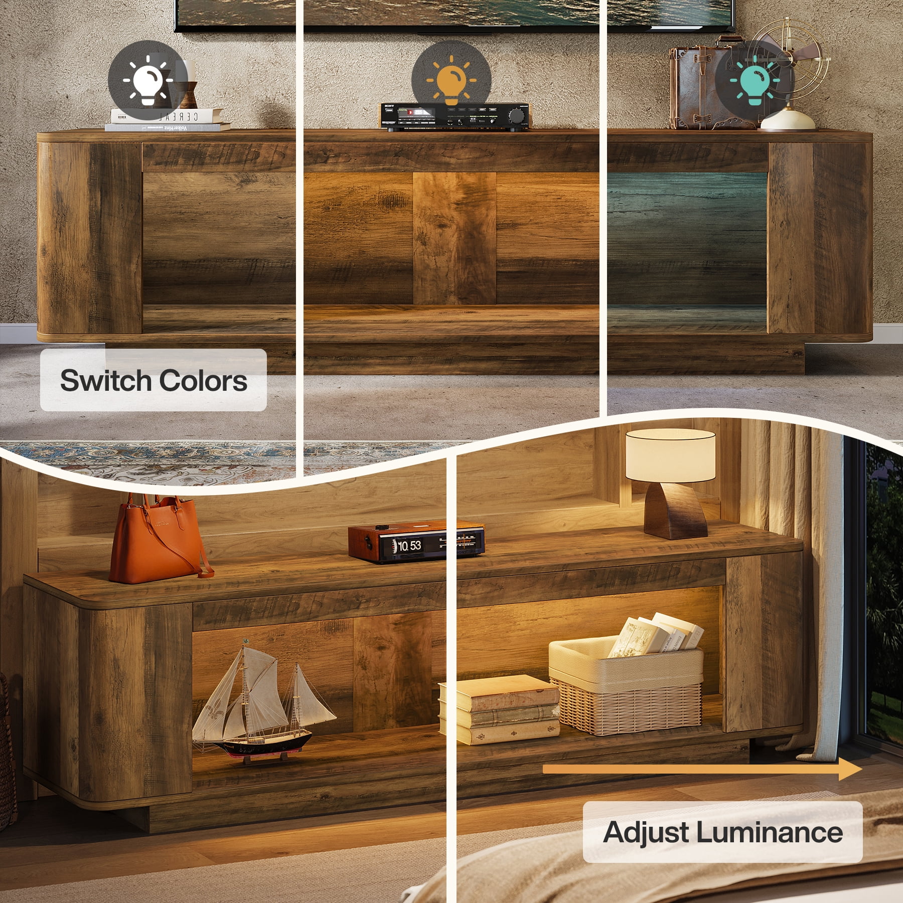 Tribesigns 70.9-Inch Farmhouse TV Stand, Entertainment Center with LED Light Strip for 65/70/75/80-Inch TVs, Rustic Brown