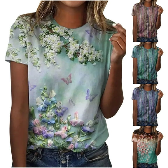 Fesfesfes Women Plus Size Tops Women Fashion Summer Fold Printed Regular Women Short Sleeves Round Neck Button Top T Shirts for Women Loose Fit 3XL(US:14)