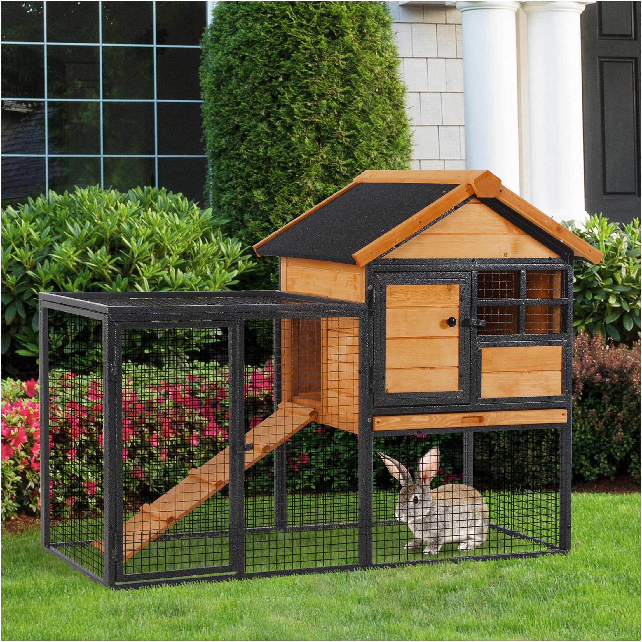 JERFIT Outdoor Rabbit Hutch with Ramp, 2-Level Wooden Bunny House with Waterproof Asphalt Roof, Removable Tray for Rabbits, Guinea Pigs, Chinchillas