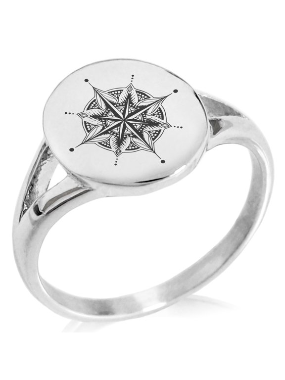 Stainless Steel Nautical Mandala Lotus Compass Minimalist Oval Top Polished Statement Signet Ring
