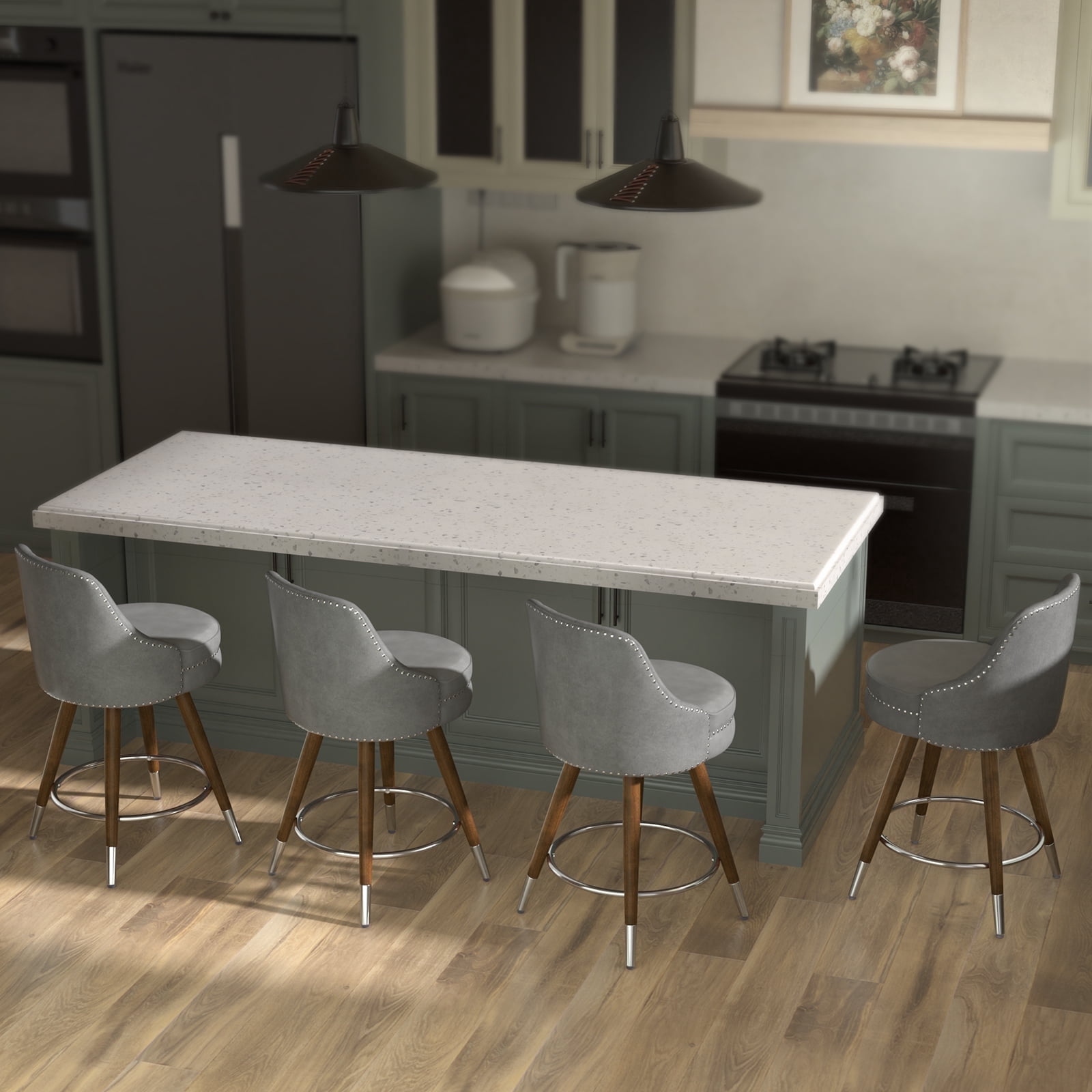 HomeZeer Swivel Bar Stools Set of 4, Counter Height Bar Stools with Back, Leather Swivel Counter Stools with Wood Legs and Footrest, Upholstered Bar Stools Chairs for Kitchen Island, Grey