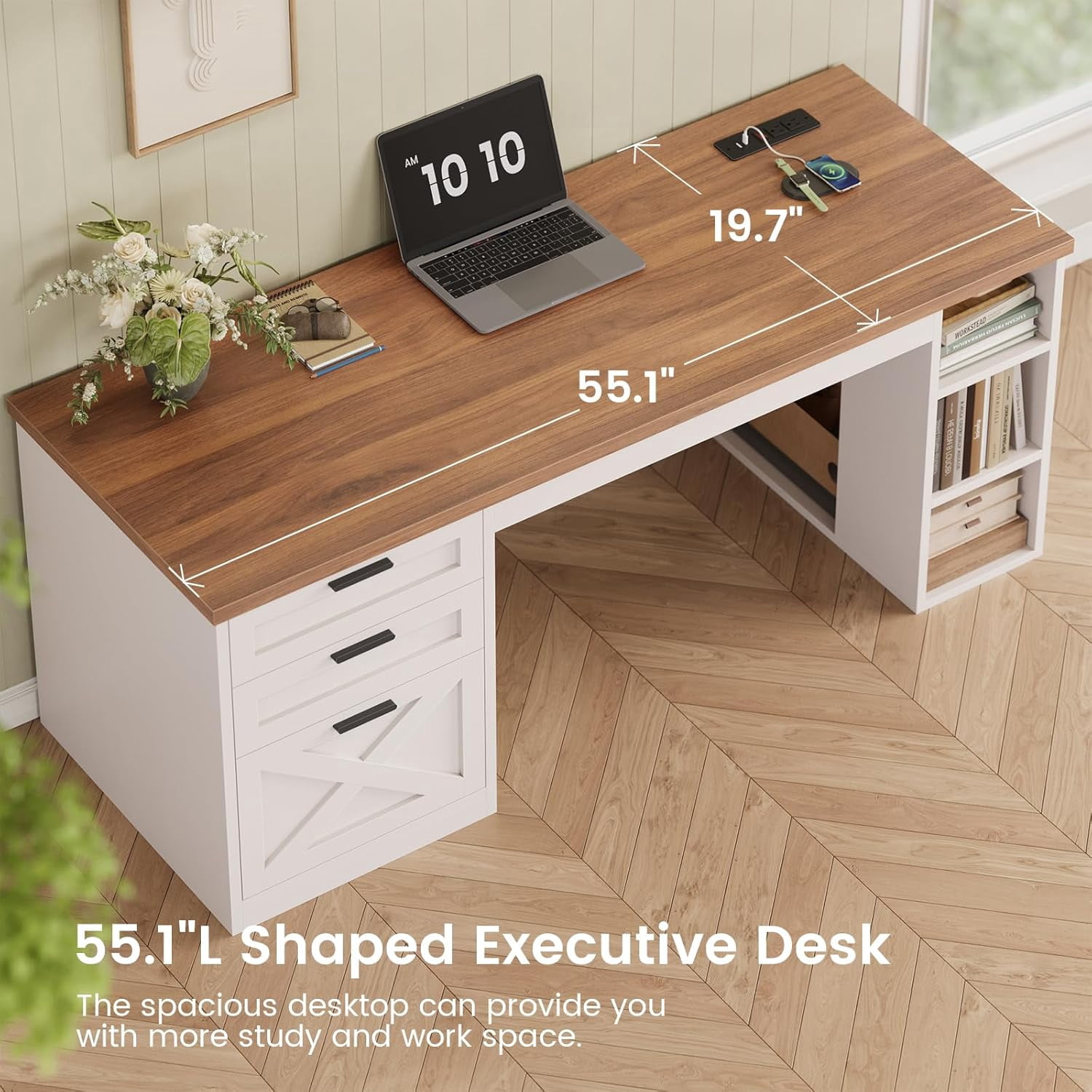 55.1" Farmhouse Desk with 3 Drawers & Open Shelves, Home Office Desk with Power Outlets & File Drawer, Wood Desk with Ample Storage, Computer Desk for Bedroom, White & Brown Top