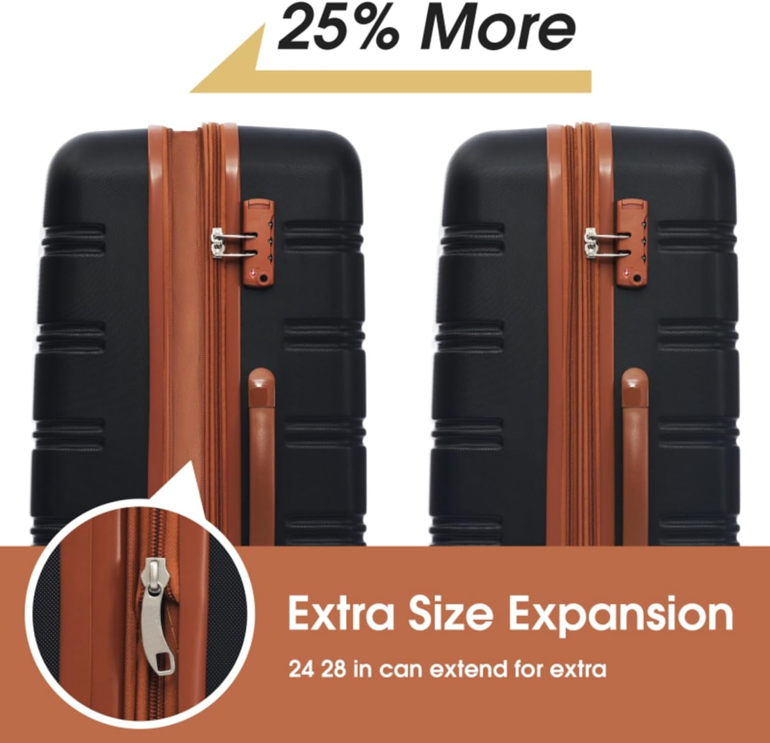 LuxyHoom Luggage Sets 4 pcs Spinner Suitcase w Travel Bag, Hard Shell Luggage with TSA Lock Lightweight, Hardshell ABS for Kids, Women, Men, Airline Approved Carry On, 16" 20" 24" 28" (Black+Brown)