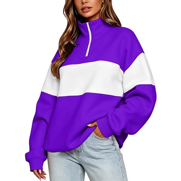 cocolona Womens Half Zip Pullover Sweatshirts Color Block Striped Long Sleeve Oversize Trendy Casual Fall Tops