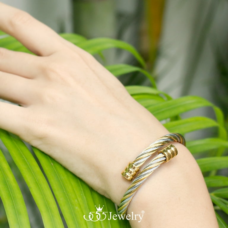 555Jewelry 2 Tone Adjustable Twisted Wire Cable Bangle
