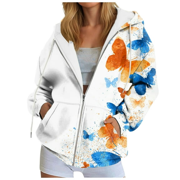 GEWSEY Women Butterfly Graphic Hoodies Y2K Full Zip Up Long Sleeve Fall Sweatshirts Drawstring Jackets (White, 3XL)