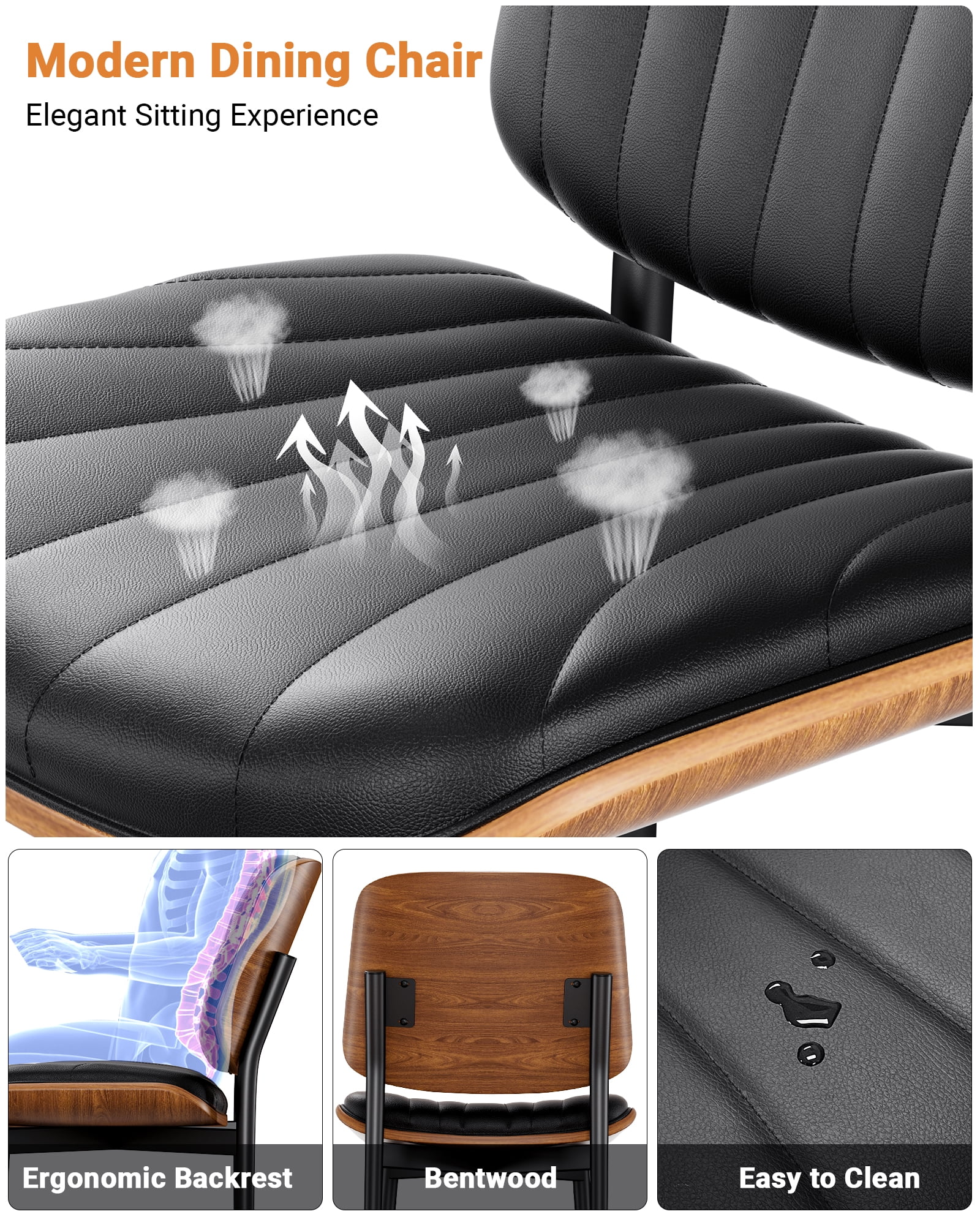 GIKPAL Mid Century Modern Walnut Back PU Faux Leather Dining Chairs, Black (Set of 2)