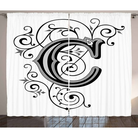 Letter C Curtains 2 Panels Set Victorian Inspired Gothic Style Capital C Vintage Feminine Floral Branches Window Drapes For Living Room Bedroom