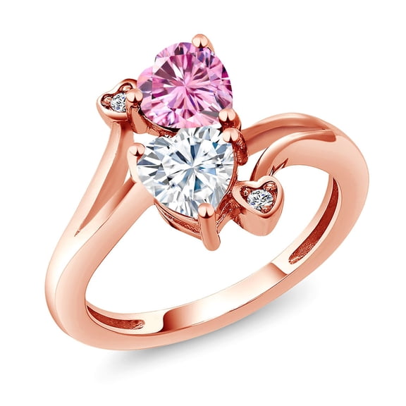 Gem Stone King 18K Rose Gold Plated Silver Pink Moissanite White Moissanite and White Lab Grown Diamond Ring for Women (1.63 Cttw, Heart Shape 6MM, Gemstone Birthstone, Size 8)