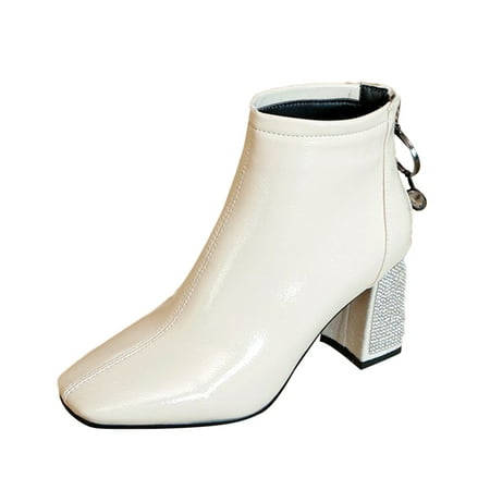 

Entyinea Winter Boots for Women Waterproof Square Toe Side Zipper Block Heel Mid Calf Low Heeled Short Booties Beige 37