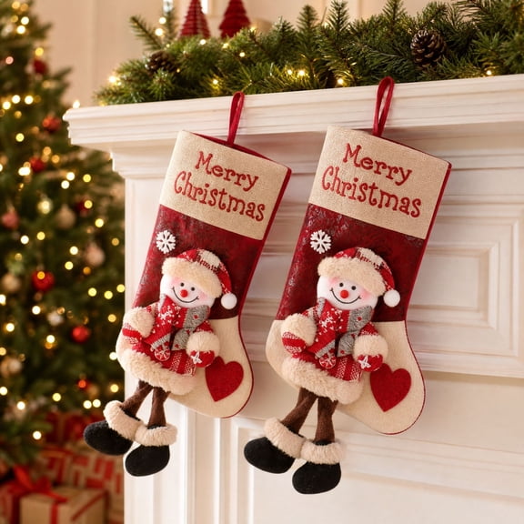 Darzheoy Christmas Stockings, 2 Pcs Long-Leg Snowman Doll Embroidery, Indoor Outdoor Christmas Decorations, Holiday Family Decor, Mantel Decor for Fireplace Home