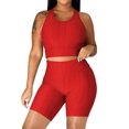 thumbnail image 2 of Women's Two Piece Casual Workout Sets Athletic Solid Color Summer Yoga Outfit 2 Piece Racerback Crop Top And High Waist Biker Shorts Tight Fit Gym Wear For Fitness Running, 2 of 5
