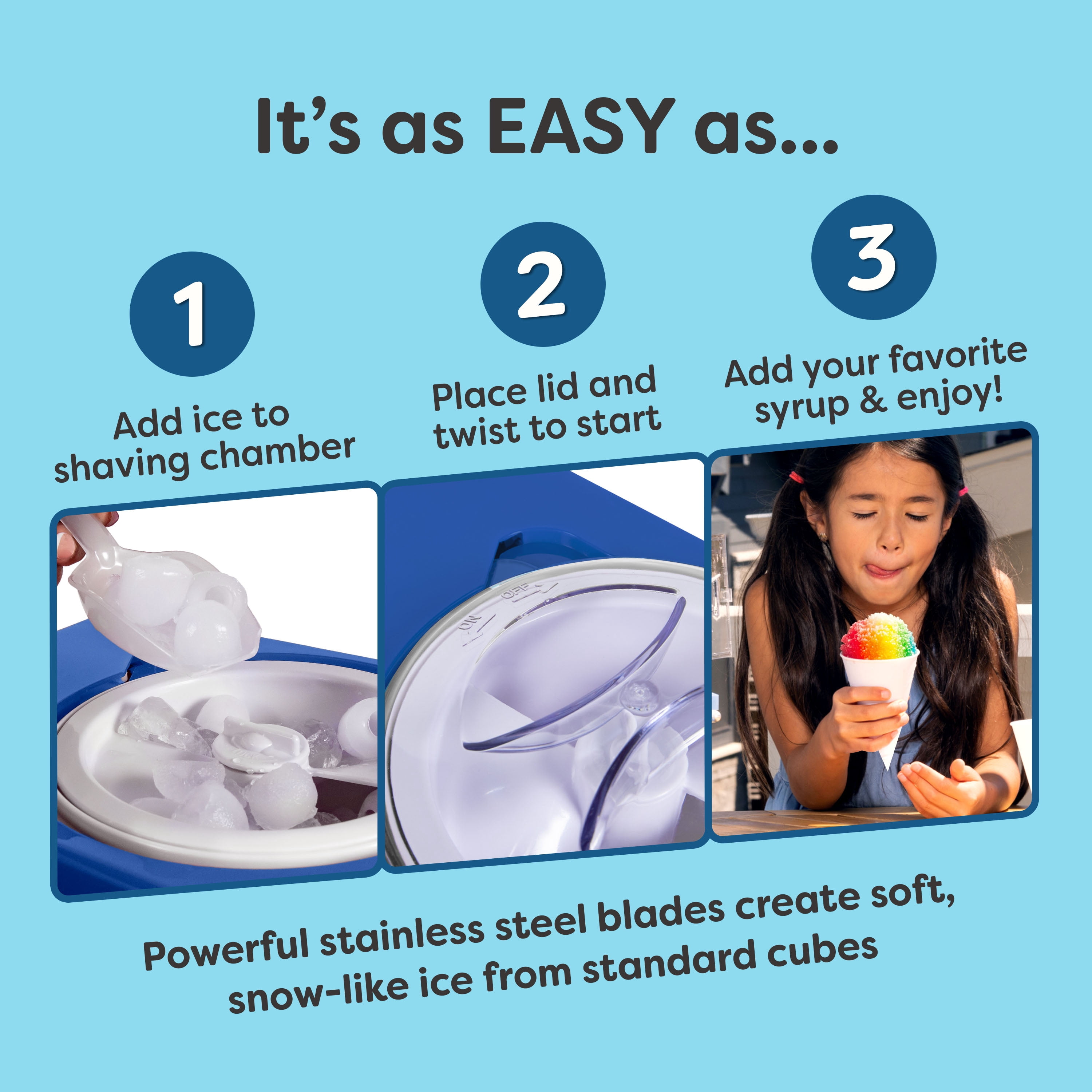 Nostalgia Snow Cone Maker, Tabletop Shaved Ice Machine with 2 Reusable Cones and Ice Scoop, Ice Blue