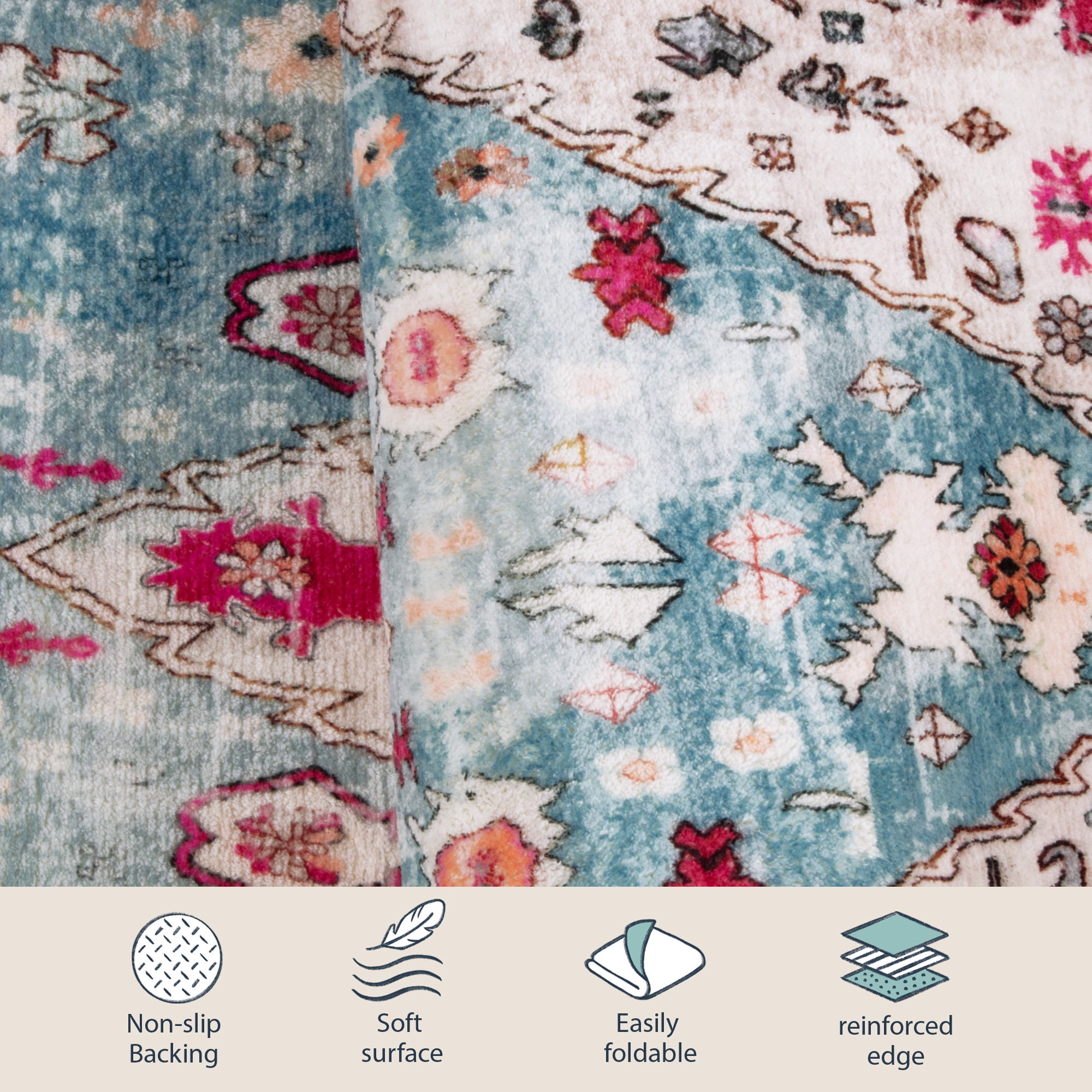 Lahome Decor 4'x6' Boho Tribal Area Rug ,4x6 ft Non Slip Machine Washable Rugs Foldable Vintage Rug Low Pile Durable Carpet for Living Room Bedroom Dining Room Office Farmhouse,Sky Blue