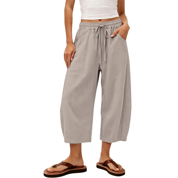 Women's Pants Elastic Waist Loose Banana Shaped Cropped Summer Pants for Women Beige L