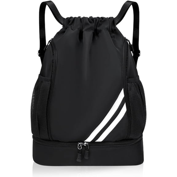 Ball Bag Drawstring Backpack, Sports Gym Bag with Shoes Compartment Side Mesh Pockets for Teens Women Men, Water Resistant String Bag