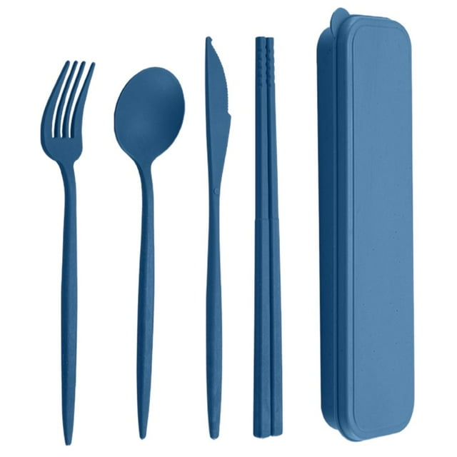 YOPTOP 4Pcs/Set Reusable Portable Plastic Cutlery Set with Storage Box Students Spoon Fork Cutter Chopsticks Tableware Set for Outdoor Travel,darkblue
