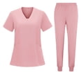 thumbnail image 2 of Minjewel Women's V-Neck Short Sleeve Two-Piece Scrubs for Women Set with Pockets, Soft & Durable Medical Scrub Set for Hospital & Clinic Wear,Pink XL, 2 of 5