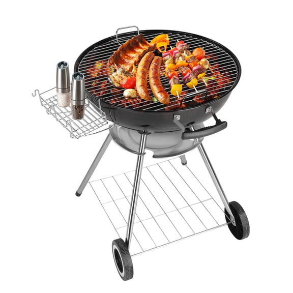 28" Portable Charcoal Grill with Wheels & Storage Rack - Porcelain-Enameled Kettle Grill with Ash Catcher & Thermometer for Camping, Parties & Picnics
