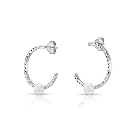 Tilo Jewelry 925 Sterling Silver Freshwater Pearl Engraved Hoop Earrings | 1 Inch | Women & Unisex