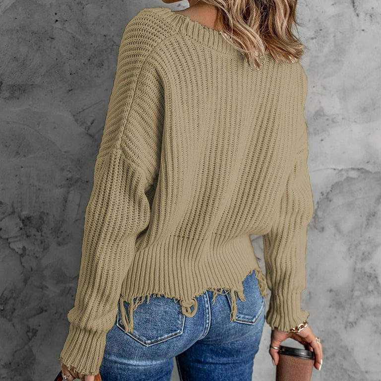 pbnbp Womens Sweater Casual Solid Knitted Raw Hem V Neck Long Sleeve  Pullover Blouses Loose Fitting Jumper Tops Sweaters for Women on Clearance  